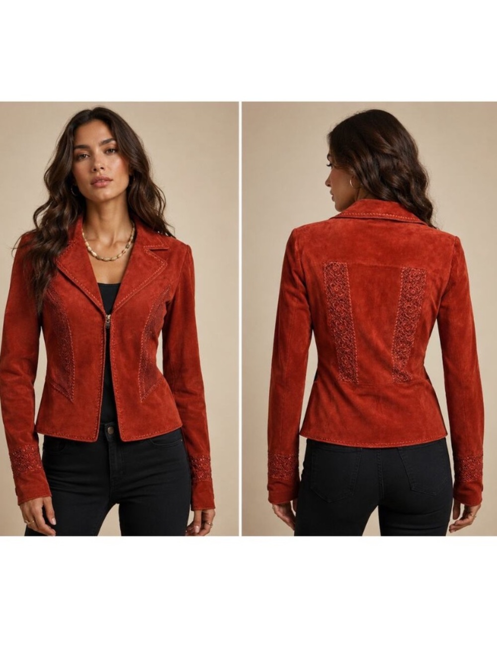 Vintage Cache rust colored suede jacket with crochet detailing 70’s style
